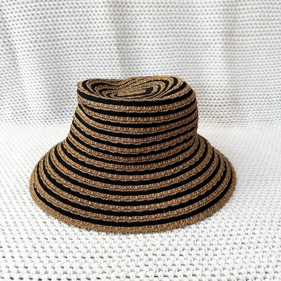 Eric Javits Beige Tan Black Stripe Squishee Packable Straw Bucket Hat UPF 50 OS - Picture 2 of 7